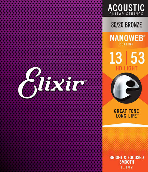 Elixir Strings 11182 Nanoweb 80/20 Bronze Acoustic Guitar Strings, HD Light, 13-53 Gauge