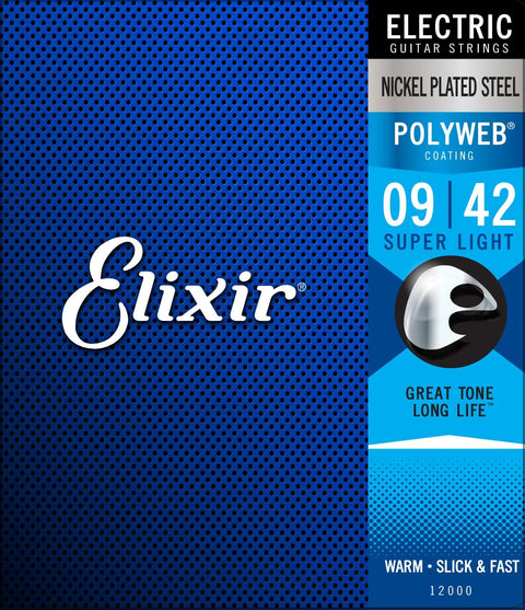 Elixir Strings 12000 Polyweb Nickel Plated Steel Electric Guitar Strings, Super Light, 9-42 Gauge