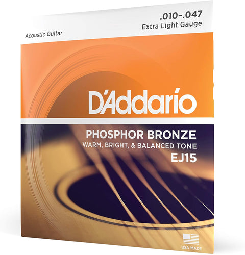 D'Addario EJ15 Phosphor Bronze Acoustic Strings, Extra Light, 10-47