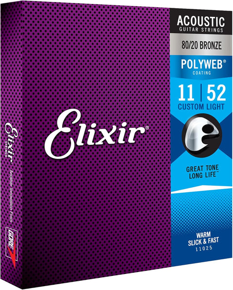 Elixir Strings 11025 Polyweb 80/20 Bronze Acoustic Guitar Strings, Custom Light, 11-52 Gauge