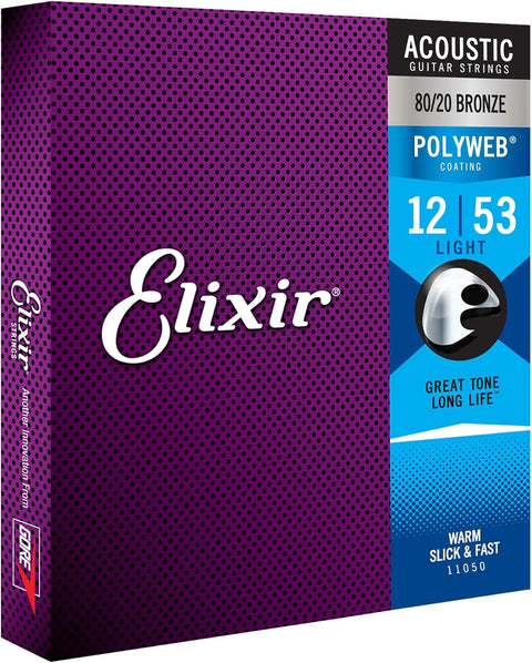 Elixir Strings 11050 Polyweb 80/20 Bronze Acoustic Guitar Strings, Light, 12-53 Gauge