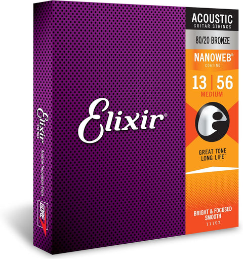 Elixir Strings 11102 Nanoweb 80/20 Bronze Acoustic Guitar Strings, Medium, 13-56 Gauge