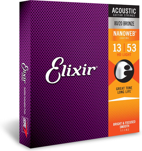 Elixir Strings 11182 Nanoweb 80/20 Bronze Acoustic Guitar Strings, HD Light, 13-53 Gauge