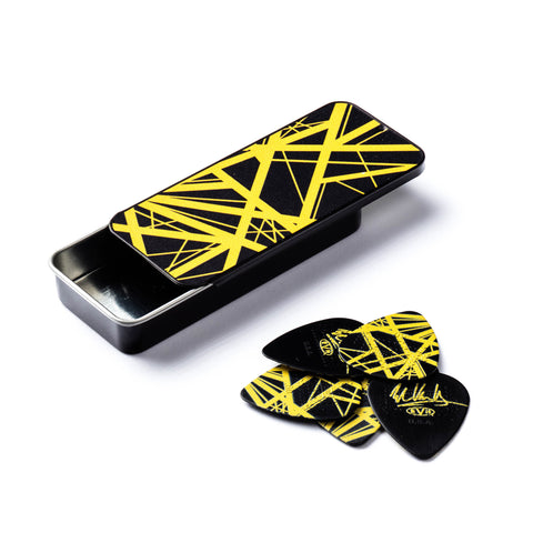 Jim Dunlop EVHPT04 Evh Graphic Series Black Yellow Stripes Frankenstein Max Grip Pick Tin .60mm, set of 6