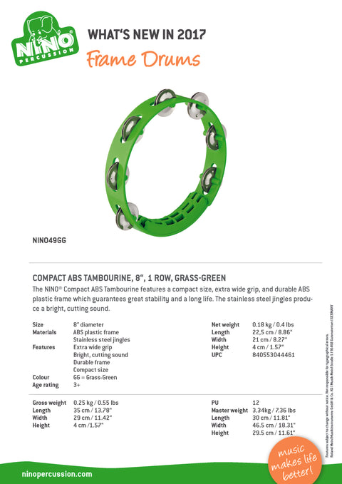 Nino Percussion NINO49GG 8" ABS Tambourine, 1 Row, Grass-Green