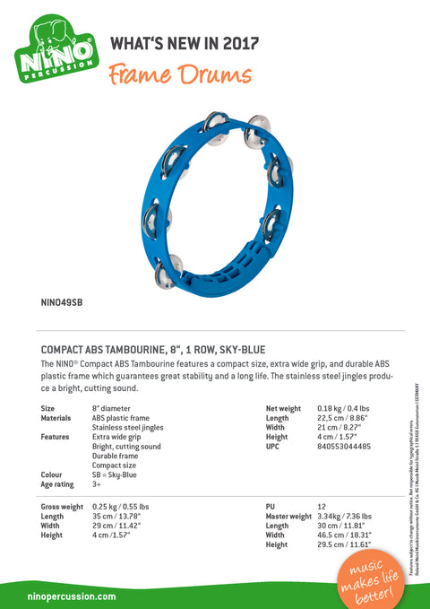 Nino Percussion NINO49SB 8" ABS Tambourine, 1 Row, Sky-Blue