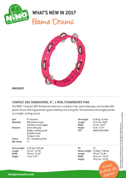 Nino Percussion NINO49SP 8" ABS Tambourine, 1 Row, Strawberry Pink