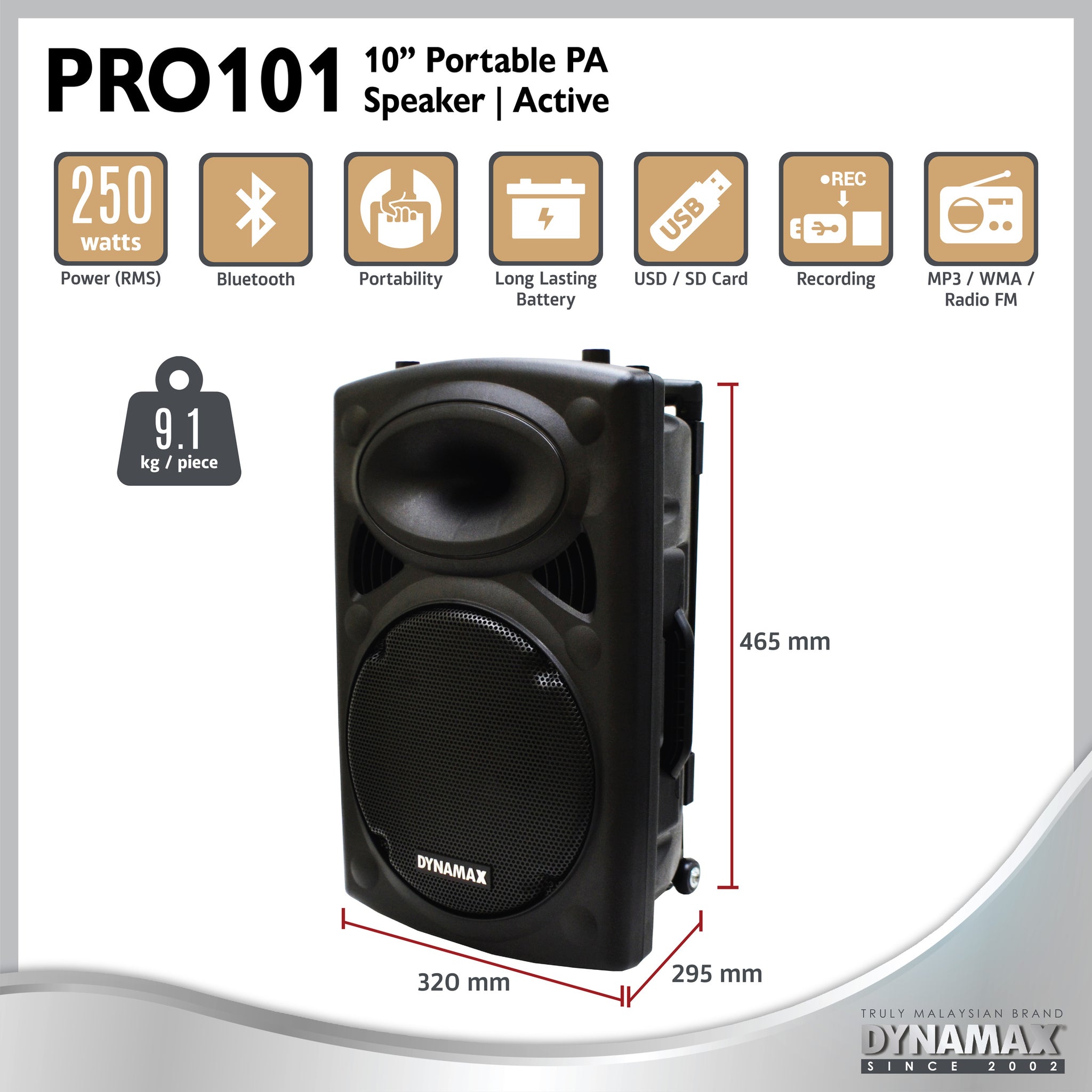 DYNAMAX PRO101 10” Bluetooth Portable Active Speaker System with 2 VHF –  DOREMi Sound & Light Sdn Bhd (241517-U)