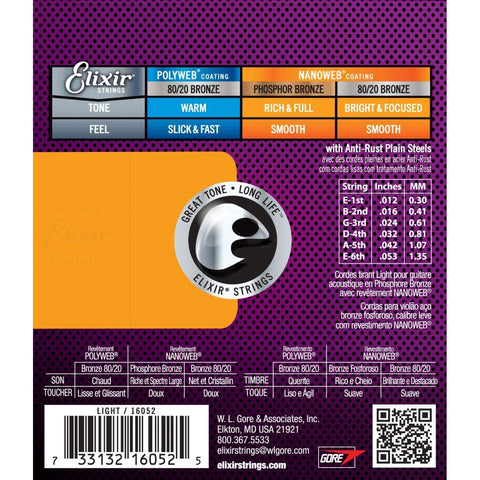 Elixir Strings 16052 Nanoweb Phosphor Bronze Acoustic Guitar Strings, Light, 12-53 Gauge