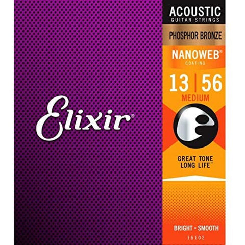 Elixir Strings 16102 Nanoweb Phosphor Bronze Acoustic Guitar Strings, Medium, 13-56 Gauge