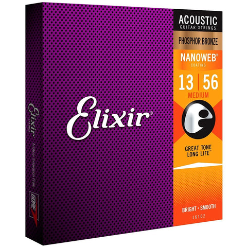 Elixir Strings 16102 Nanoweb Phosphor Bronze Acoustic Guitar Strings, Medium, 13-56 Gauge