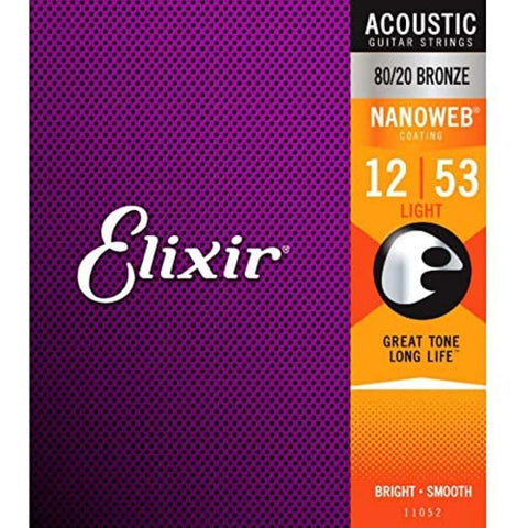 Elixir Strings 11052 Nanoweb 80/20 Bronze Acoustic Guitar Strings, Light, 12-53 Gauge