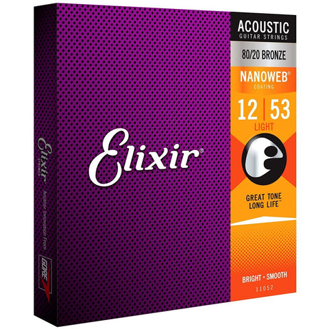 Elixir Strings 11052 Nanoweb 80/20 Bronze Acoustic Guitar Strings, Light, 12-53 Gauge