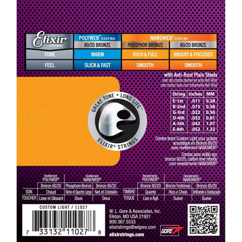 Elixir Strings 11027 Nanoweb 80/20 Bronze Acoustic Guitar Strings, Custom Light, 11-52 Gauge