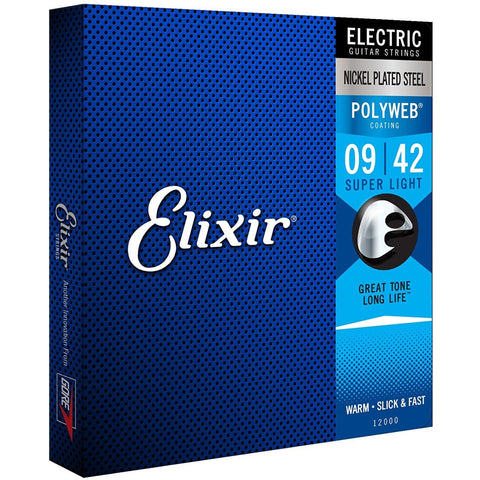 Elixir Strings 12000 Polyweb Nickel Plated Steel Electric Guitar Strings, Super Light, 9-42 Gauge