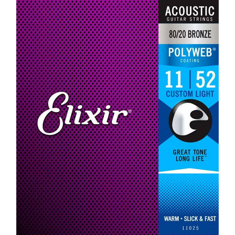 Elixir Strings 11025 Polyweb 80/20 Bronze Acoustic Guitar Strings, Custom Light, 11-52 Gauge