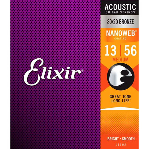 Elixir Strings 11102 Nanoweb 80/20 Bronze Acoustic Guitar Strings, Medium, 13-56 Gauge